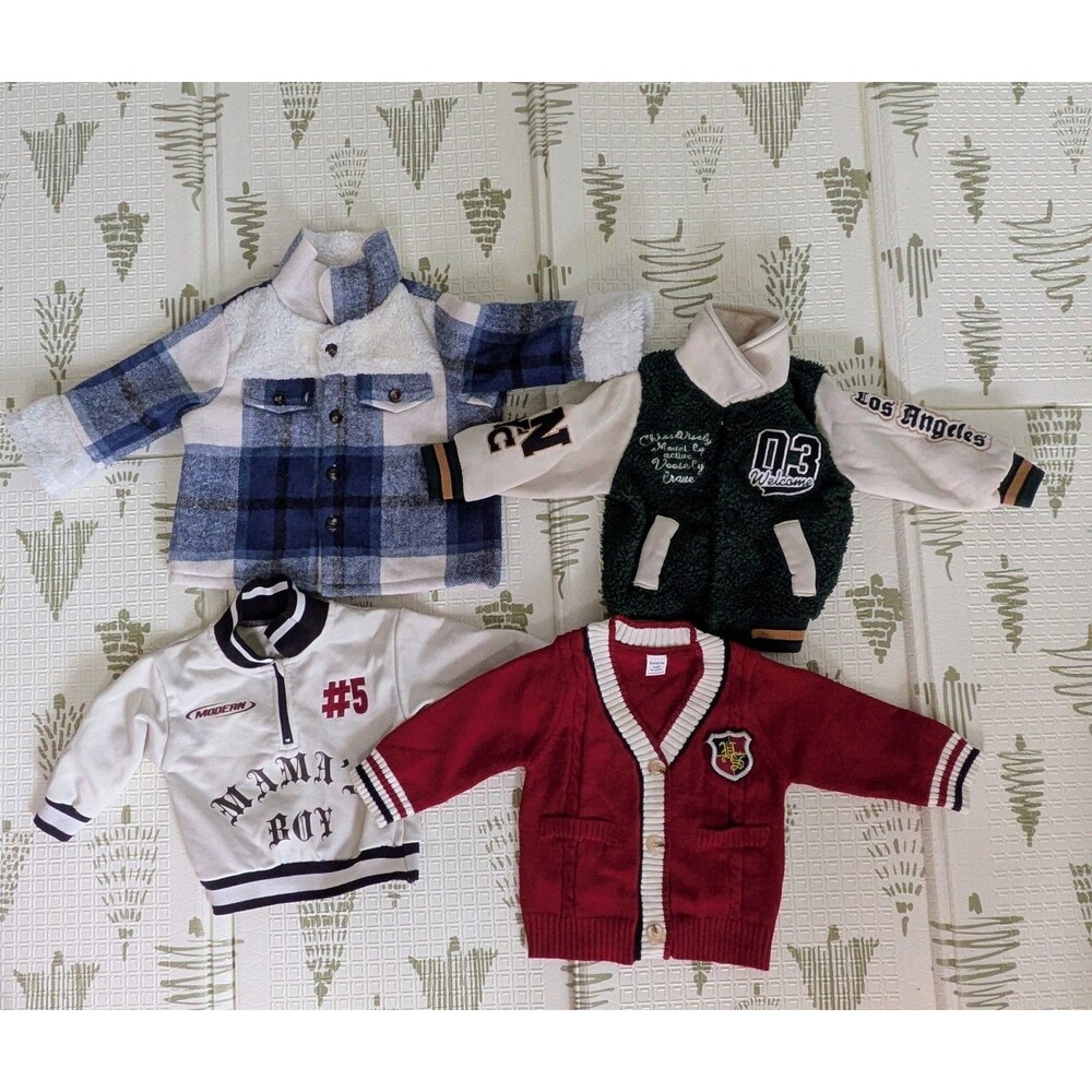 Baby Boy 9-12M Jacket & Sweater Lot 4PC | Varsity Plaid Quarter Zip Bundle